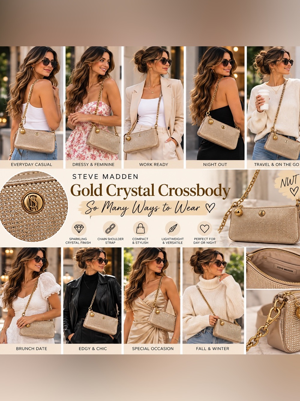 Steve Madden Gold Crystal Crossbody with Chain Strap BOX32BAGS